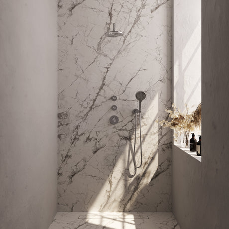 BRAUER Brushed Carving thermostatische inbouw regendouche SET 09 met 20 cm douchekop en gebogen muurarm en 3-standen handdouche en doucheslang en wandaansluitbocht RVS geborsteld PVD