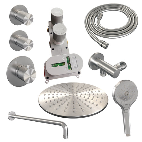 BRAUER Brushed Carving thermostatische inbouw regendouche SET 10 met 30 cm douchekop en gebogen muurarm en 3-standen handdouche en doucheslang en wandaansluitbocht RVS geborsteld PVD