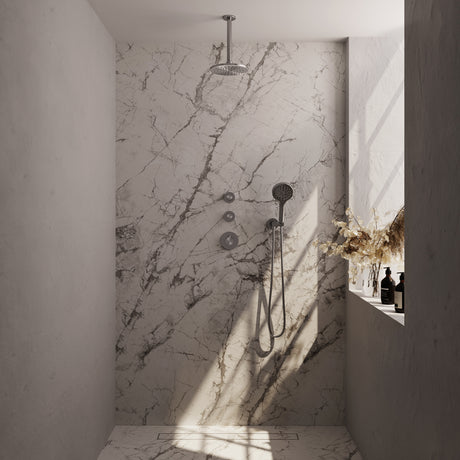 BRAUER Brushed Carving thermostatische inbouw regendouche SET 11 met 20 cm douchekop en plafondarm en 3-standen handdouche en doucheslang en wandaansluitbocht RVS geborsteld PVD