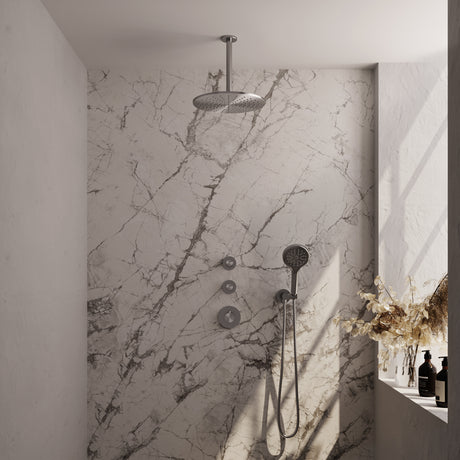 BRAUER Brushed Carving thermostatische inbouw regendouche SET 12 met 30 cm douchekop en plafondarm en 3-standen handdouche en doucheslang en wandaansluitbocht RVS geborsteld PVD