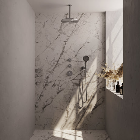 BRAUER Brushed Carving thermostatische inbouw regendouche SET 12 met 30 cm douchekop en plafondarm en 3-standen handdouche en doucheslang en wandaansluitbocht RVS geborsteld PVD