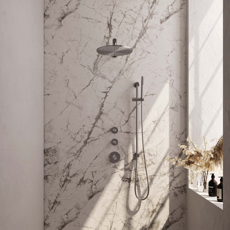 BRAUER Brushed Carving thermostatische inbouw regendouche SET 14 met 30 cm douchekop en rechte muurarm en staaf handdouche en doucheslang en geïntegreerde glijstang RVS geborsteld PVD