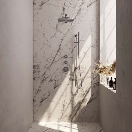 BRAUER Brushed Carving thermostatische inbouw regendouche SET 14 met 30 cm douchekop en rechte muurarm en staaf handdouche en doucheslang en geïntegreerde glijstang RVS geborsteld PVD