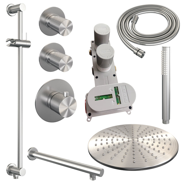 BRAUER Brushed Carving thermostatische inbouw regendouche SET 14 met 30 cm douchekop en rechte muurarm en staaf handdouche en doucheslang en geïntegreerde glijstang RVS geborsteld PVD