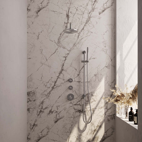 BRAUER Brushed Carving thermostatische inbouw regendouche SET 15 met 20 cm douchekop en gebogen muurarm en staaf handdouche en doucheslang en geïntegreerde glijstang RVS geborsteld PVD