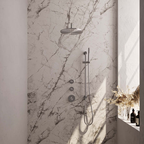 BRAUER Brushed Carving thermostatische inbouw regendouche SET 16 met 30 cm douchekop en gebogen muurarm en staaf handdouche en doucheslang en geïntegreerde glijstang RVS geborsteld PVD