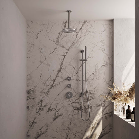 BRAUER Brushed Carving thermostatische inbouw regendouche SET 17 met 20 cm douchekop en plafondarm en staaf handdouche en doucheslang en geïntegreerde glijstang RVS geborsteld PVD