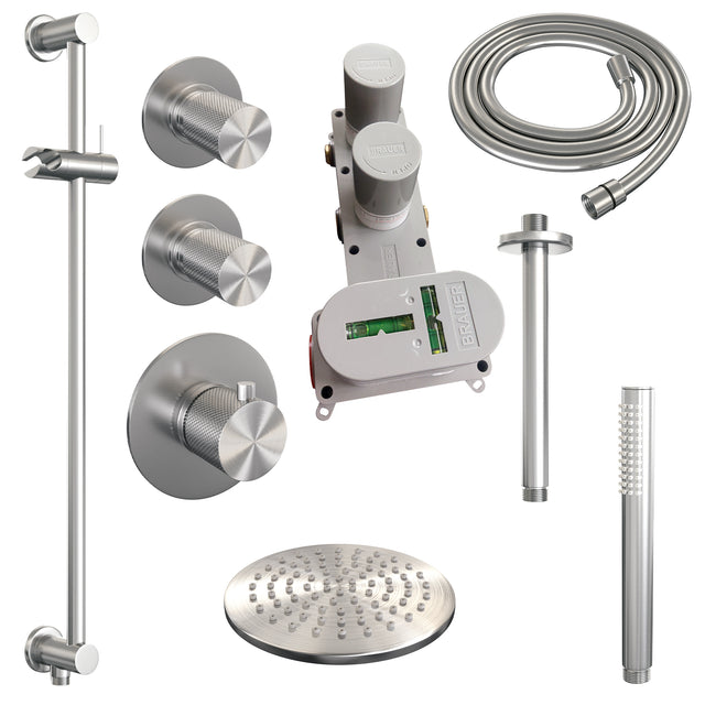 BRAUER Brushed Carving thermostatische inbouw regendouche SET 17 met 20 cm douchekop en plafondarm en staaf handdouche en doucheslang en geïntegreerde glijstang RVS geborsteld PVD