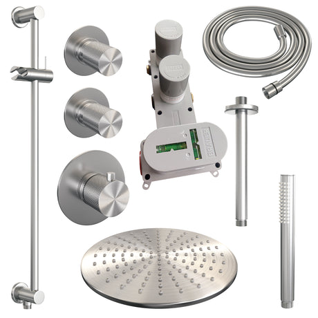 BRAUER Brushed Carving thermostatische inbouw regendouche SET 18 met 30 cm douchekop en plafondarm en staaf handdouche en doucheslang en geïntegreerde glijstang RVS geborsteld PVD
