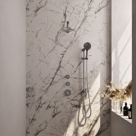 BRAUER Brushed Carving thermostatische inbouw regendouche SET 19 met 20 cm douchekop en rechte muurarm en 3-standen handdouche en doucheslang en geïntegreerde glijstang RVS geborsteld PVD