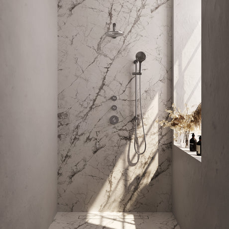 BRAUER Brushed Carving thermostatische inbouw regendouche SET 19 met 20 cm douchekop en rechte muurarm en 3-standen handdouche en doucheslang en geïntegreerde glijstang RVS geborsteld PVD