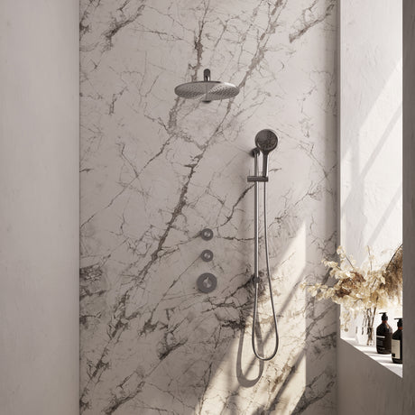 BRAUER Brushed Carving thermostatische inbouw regendouche SET 20 met 30 cm douchekop en rechte muurarm en 3-standen handdouche en doucheslang en geïntegreerde glijstang RVS geborsteld PVD