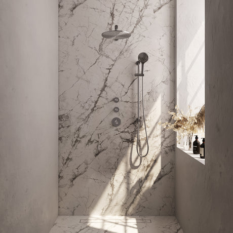 BRAUER Brushed Carving thermostatische inbouw regendouche SET 20 met 30 cm douchekop en rechte muurarm en 3-standen handdouche en doucheslang en geïntegreerde glijstang RVS geborsteld PVD