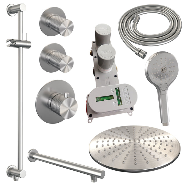 BRAUER Brushed Carving thermostatische inbouw regendouche SET 20 met 30 cm douchekop en rechte muurarm en 3-standen handdouche en doucheslang en geïntegreerde glijstang RVS geborsteld PVD