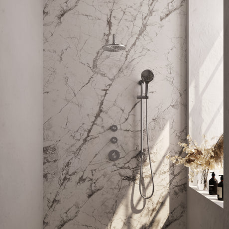 BRAUER Brushed Carving thermostatische inbouw regendouche SET 21 met 20 cm douchekop en gebogen muurarm en 3-standen handdouche en doucheslang en geïntegreerde glijstang RVS geborsteld PVD