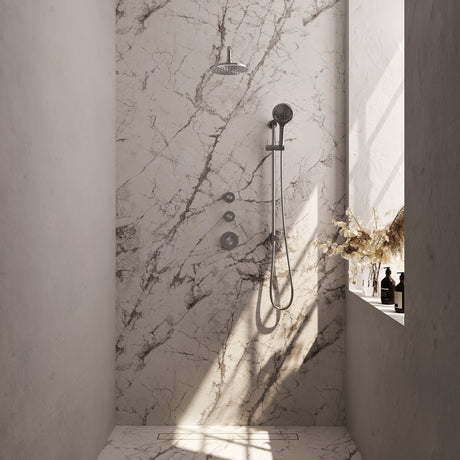 BRAUER Brushed Carving thermostatische inbouw regendouche SET 21 met 20 cm douchekop en gebogen muurarm en 3-standen handdouche en doucheslang en geïntegreerde glijstang RVS geborsteld PVD