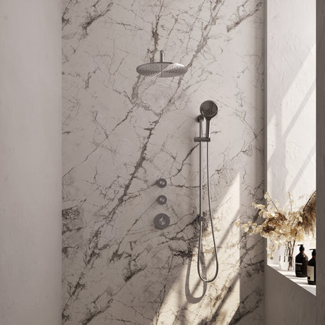 BRAUER Brushed Carving thermostatische inbouw regendouche SET 22 met 30 cm douchekop en gebogen muurarm en 3-standen handdouche en doucheslang en geïntegreerde glijstang RVS geborsteld PVD