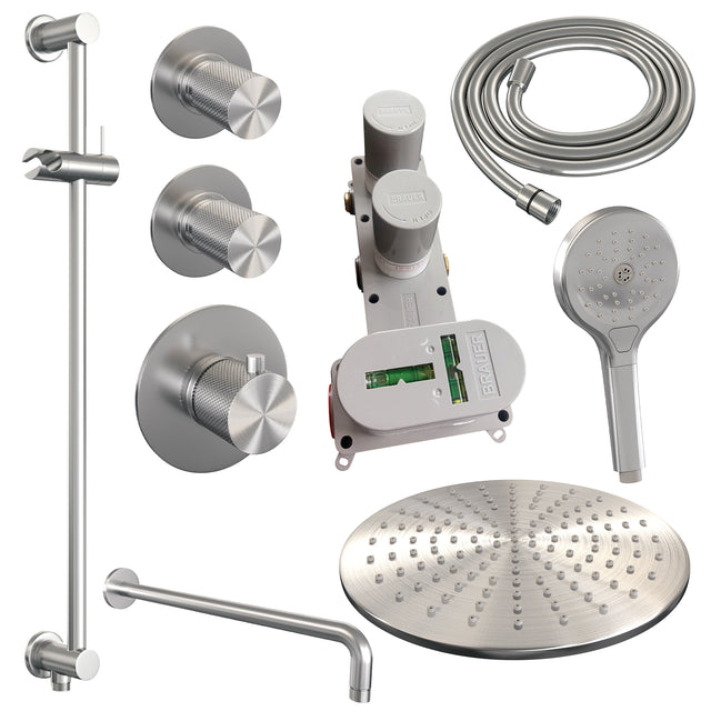 BRAUER Brushed Carving thermostatische inbouw regendouche SET 22 met 30 cm douchekop en gebogen muurarm en 3-standen handdouche en doucheslang en geïntegreerde glijstang RVS geborsteld PVD