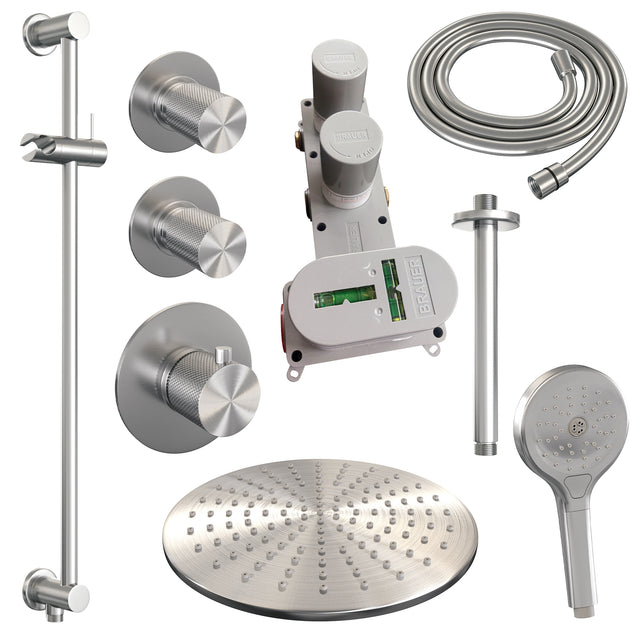 BRAUER Brushed Carving thermostatische inbouw regendouche SET 24 met 30 cm douchekop en plafondarm en 3-standen handdouche en doucheslang en geïntegreerde glijstang RVS geborsteld PVD