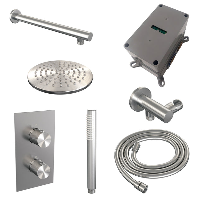 BRAUER Brushed Carving thermostatische inbouw regendouche 3-weg omstelling SET 25 met 20 cm douchekop en rechte muurarm en staaf handdouche en doucheslang en wandaansluitbocht RVS geborsteld PVD