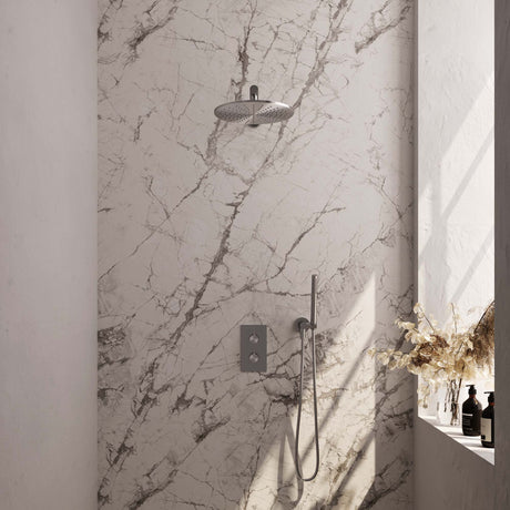 BRAUER Brushed Carving thermostatische inbouw regendouche 3-weg omstelling SET 26 met 30 cm douchekop en rechte muurarm en staaf handdouche en doucheslang en wandaansluitbocht RVS geborsteld PVD