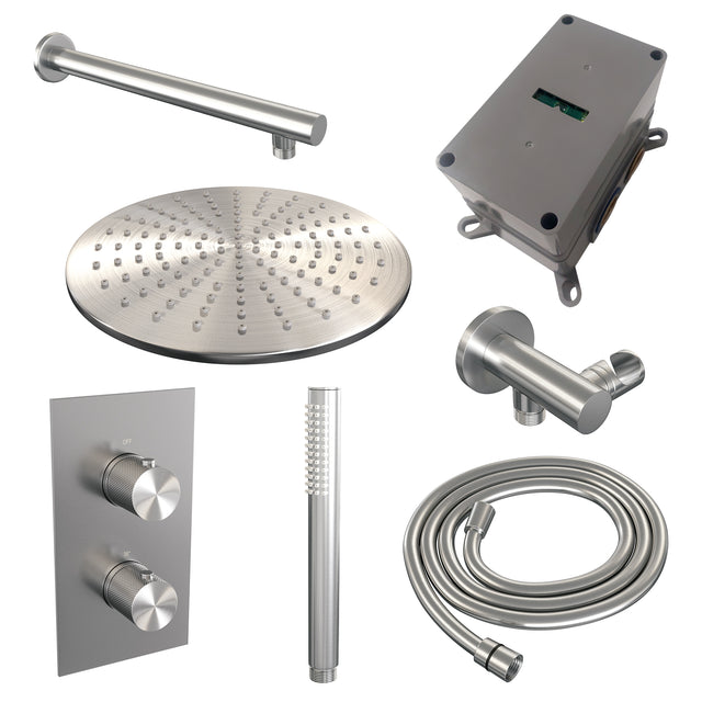 BRAUER Brushed Carving thermostatische inbouw regendouche 3-weg omstelling SET 26 met 30 cm douchekop en rechte muurarm en staaf handdouche en doucheslang en wandaansluitbocht RVS geborsteld PVD