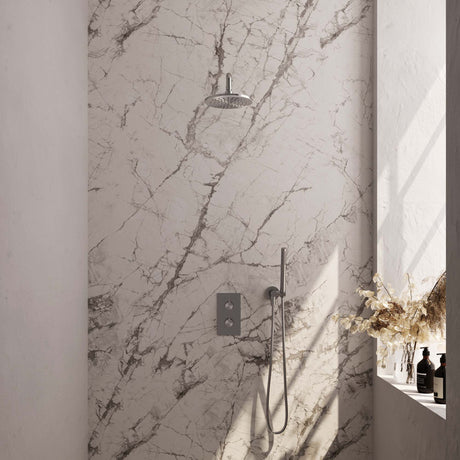 BRAUER Brushed Carving thermostatische inbouw regendouche 3-weg omstelling SET 27 met 20 cm douchekop en gebogen muurarm en staaf handdouche en doucheslang en wandaansluitbocht RVS geborsteld PVD