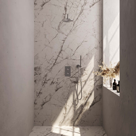 BRAUER Brushed Carving thermostatische inbouw regendouche 3-weg omstelling SET 27 met 20 cm douchekop en gebogen muurarm en staaf handdouche en doucheslang en wandaansluitbocht RVS geborsteld PVD