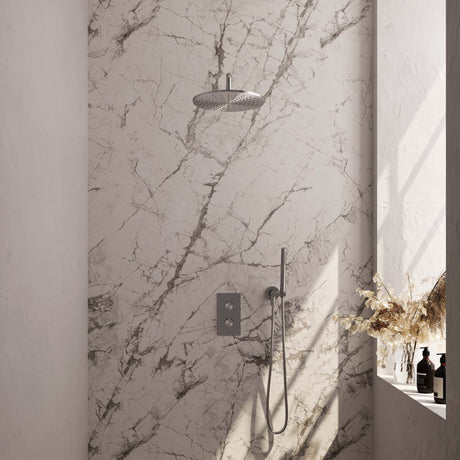 BRAUER Brushed Carving thermostatische inbouw regendouche 3-weg omstelling SET 28 met 30 cm douchekop en gebogen muurarm en staaf handdouche en doucheslang en wandaansluitbocht RVS geborsteld PVD