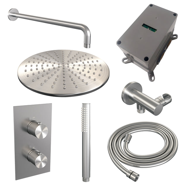 BRAUER Brushed Carving thermostatische inbouw regendouche 3-weg omstelling SET 28 met 30 cm douchekop en gebogen muurarm en staaf handdouche en doucheslang en wandaansluitbocht RVS geborsteld PVD