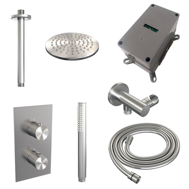 BRAUER Brushed Carving thermostatische inbouw regendouche 3-weg omstelling SET 29 met 20 cm douchekop en plafondarm en staaf handdouche en doucheslang en wandaansluitbocht RVS geborsteld PVD