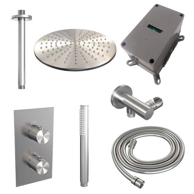 BRAUER Brushed Carving thermostatische inbouw regendouche 3-weg omstelling SET 30 met 30 cm douchekop en plafondarm en staaf handdouche en doucheslang en wandaansluitbocht RVS geborsteld PVD