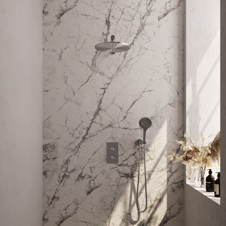 BRAUER Brushed Carving thermostatische inbouw regendouche 3-weg omstelling SET 32 met 30 cm douchekop en rechte muurarm en 3-standen handdouche en doucheslang en wandaansluitbocht RVS geborsteld PVD