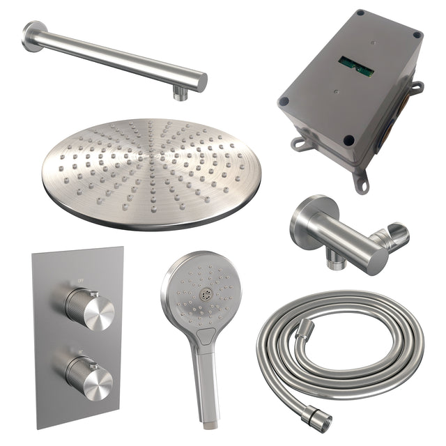 BRAUER Brushed Carving thermostatische inbouw regendouche 3-weg omstelling SET 32 met 30 cm douchekop en rechte muurarm en 3-standen handdouche en doucheslang en wandaansluitbocht RVS geborsteld PVD