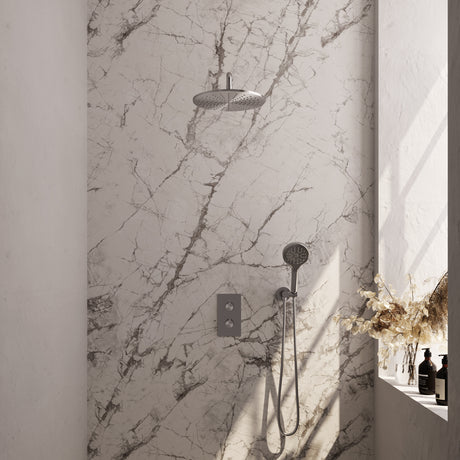 BRAUER Brushed Carving thermostatische inbouw regendouche 3-weg omstelling SET 34 met 30 cm douchekop en gebogen muurarm en 3-standen handdouche en doucheslang en wandaansluitbocht RVS geborsteld PVD