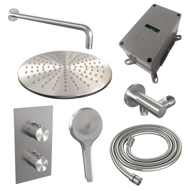 BRAUER Brushed Carving thermostatische inbouw regendouche 3-weg omstelling SET 34 met 30 cm douchekop en gebogen muurarm en 3-standen handdouche en doucheslang en wandaansluitbocht RVS geborsteld PVD