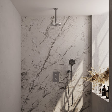 BRAUER Brushed Carving thermostatische inbouw regendouche 3-weg omstelling SET 35 met 20 cm douchekop en plafondarm en 3-standen handdouche en doucheslang en wandaansluitbocht RVS geborsteld PVD