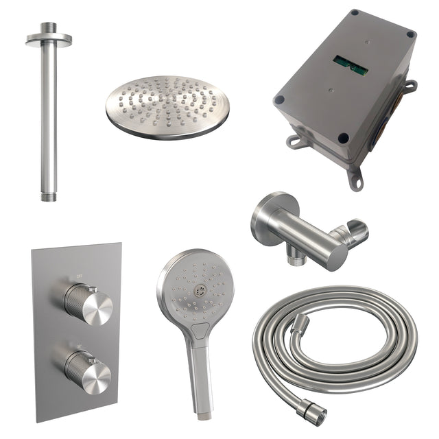 BRAUER Brushed Carving thermostatische inbouw regendouche 3-weg omstelling SET 35 met 20 cm douchekop en plafondarm en 3-standen handdouche en doucheslang en wandaansluitbocht RVS geborsteld PVD