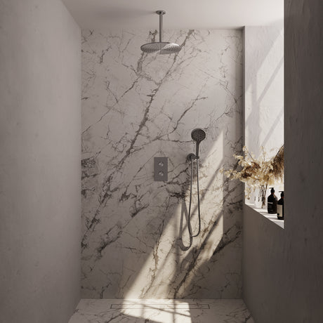 BRAUER Brushed Carving thermostatische inbouw regendouche 3-weg omstelling SET 36 met 30 cm douchekop en plafondarm en 3-standen handdouche en doucheslang en wandaansluitbocht RVS geborsteld PVD