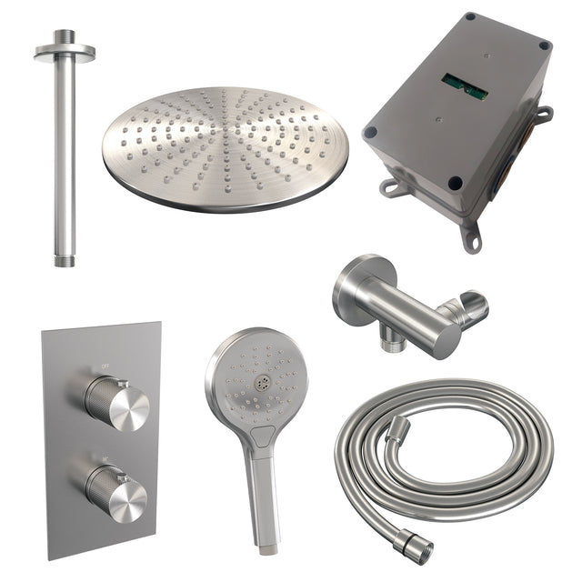 BRAUER Brushed Carving thermostatische inbouw regendouche 3-weg omstelling SET 36 met 30 cm douchekop en plafondarm en 3-standen handdouche en doucheslang en wandaansluitbocht RVS geborsteld PVD