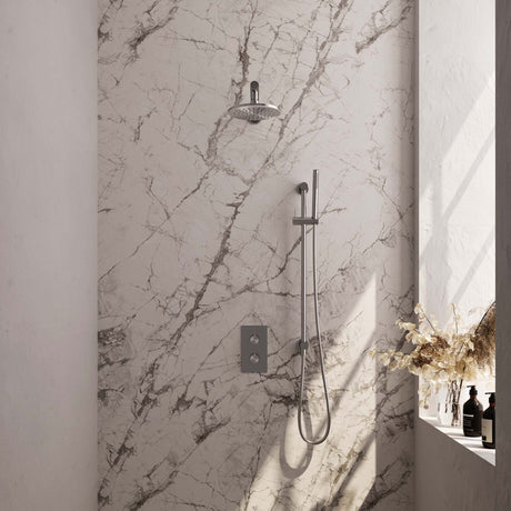 BRAUER Brushed Carving thermostatische inbouw regendouche 3-weg omstelling SET 37 met 20 cm douchekop en rechte muurarm en staaf handdouche en doucheslang en geïntegreerde glijstang RVS geborsteld PVD