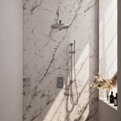 BRAUER Brushed Carving thermostatische inbouw regendouche 3-weg omstelling SET 38 met 30 cm douchekop en rechte muurarm en staaf handdouche en doucheslang en geïntegreerde glijstang RVS geborsteld PVD