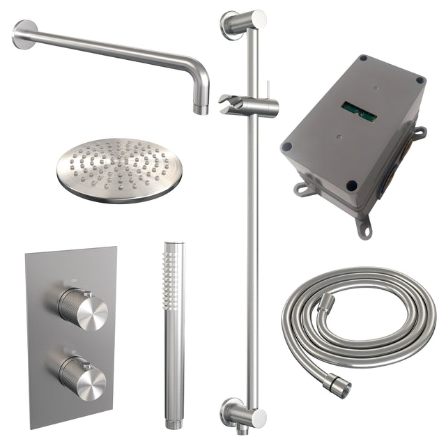 BRAUER Brushed Carving thermostatische inbouw regendouche 3-weg omstelling SET 39 met 20 cm douchekop en gebogen muurarm en staaf handdouche en doucheslang en geïntegreerde glijstang RVS geborsteld PVD