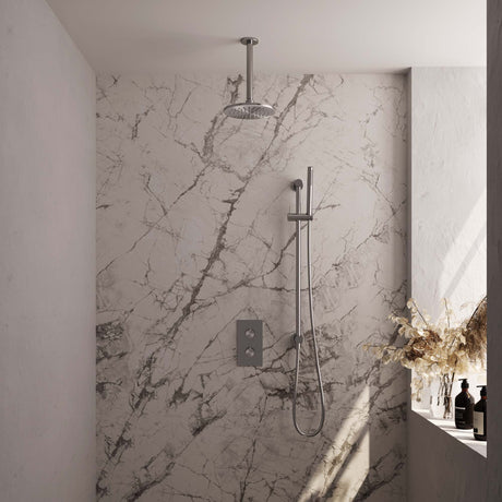 BRAUER Brushed Carving thermostatische inbouw regendouche 3-weg omstelling SET 41 met 20 cm douchekop en plafondarm en staaf handdouche en doucheslang en geïntegreerde glijstang RVS geborsteld PVD