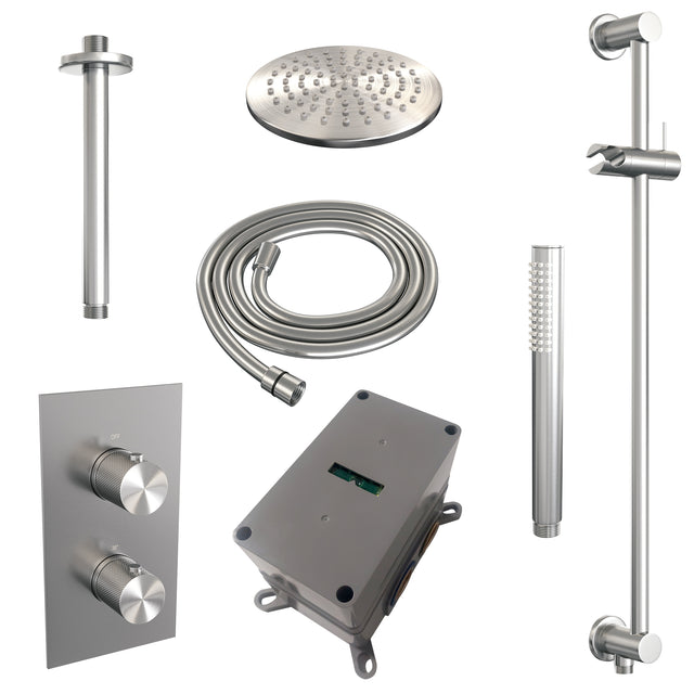 BRAUER Brushed Carving thermostatische inbouw regendouche 3-weg omstelling SET 41 met 20 cm douchekop en plafondarm en staaf handdouche en doucheslang en geïntegreerde glijstang RVS geborsteld PVD