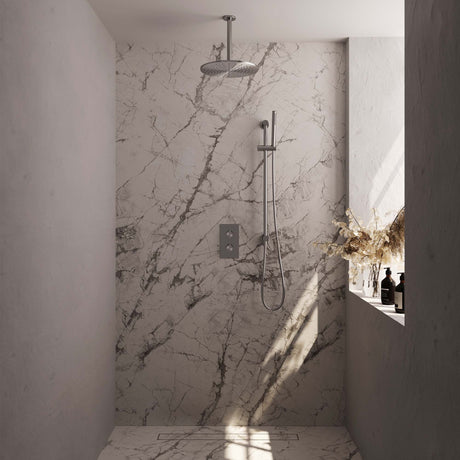 BRAUER Brushed Carving thermostatische inbouw regendouche 3-weg omstelling SET 42 met 30 cm douchekop en plafondarm en staaf handdouche en doucheslang en geïntegreerde glijstang RVS geborsteld PVD