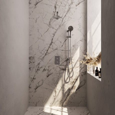 BRAUER Brushed Carving thermostatische inbouw regendouche 3-weg omstelling SET 43 met 20 cm douchekop en rechte muurarm en 3-standen handdouche en doucheslang en geïntegreerde glijstang RVS geborsteld PVD