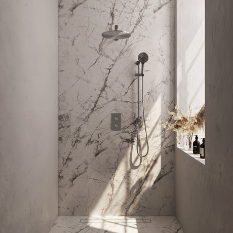 BRAUER Brushed Carving thermostatische inbouw regendouche 3-weg omstelling SET 44 met 30 cm douchekop en rechte muurarm en 3-standen handdouche en doucheslang en geïntegreerde glijstang RVS geborsteld PVD