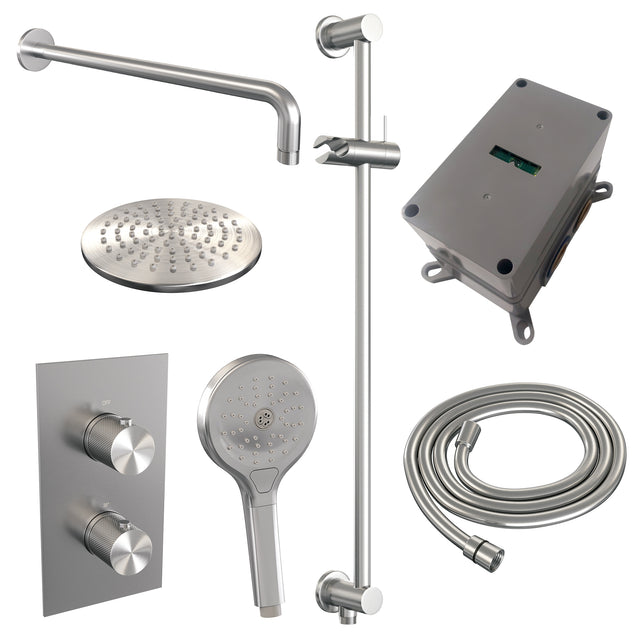 BRAUER Brushed Carving thermostatische inbouw regendouche 3-weg omstelling SET 45 met 20 cm douchekop en gebogen muurarm en 3-standen handdouche en doucheslang en geïntegreerde glijstang RVS geborsteld PVD