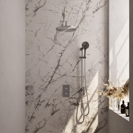 BRAUER Brushed Carving thermostatische inbouw regendouche 3-weg omstelling SET 46 met 30 cm douchekop en gebogen muurarm en 3-standen handdouche en doucheslang en geïntegreerde glijstang RVS geborsteld PVD